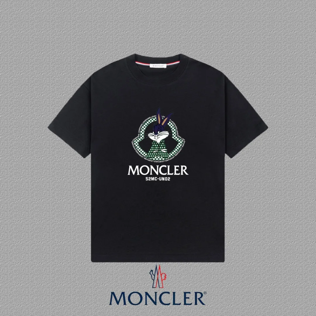 P140 🔥MONCLER] 2025FW short-sleeved T-shirt LOGO printing, high-end 26s double yarn 300g fabric, heavy fabric, custom stretcher rib, same vat and dye, complete three standards, same style for men and women, color: black, white, size: S M L XL 2XL