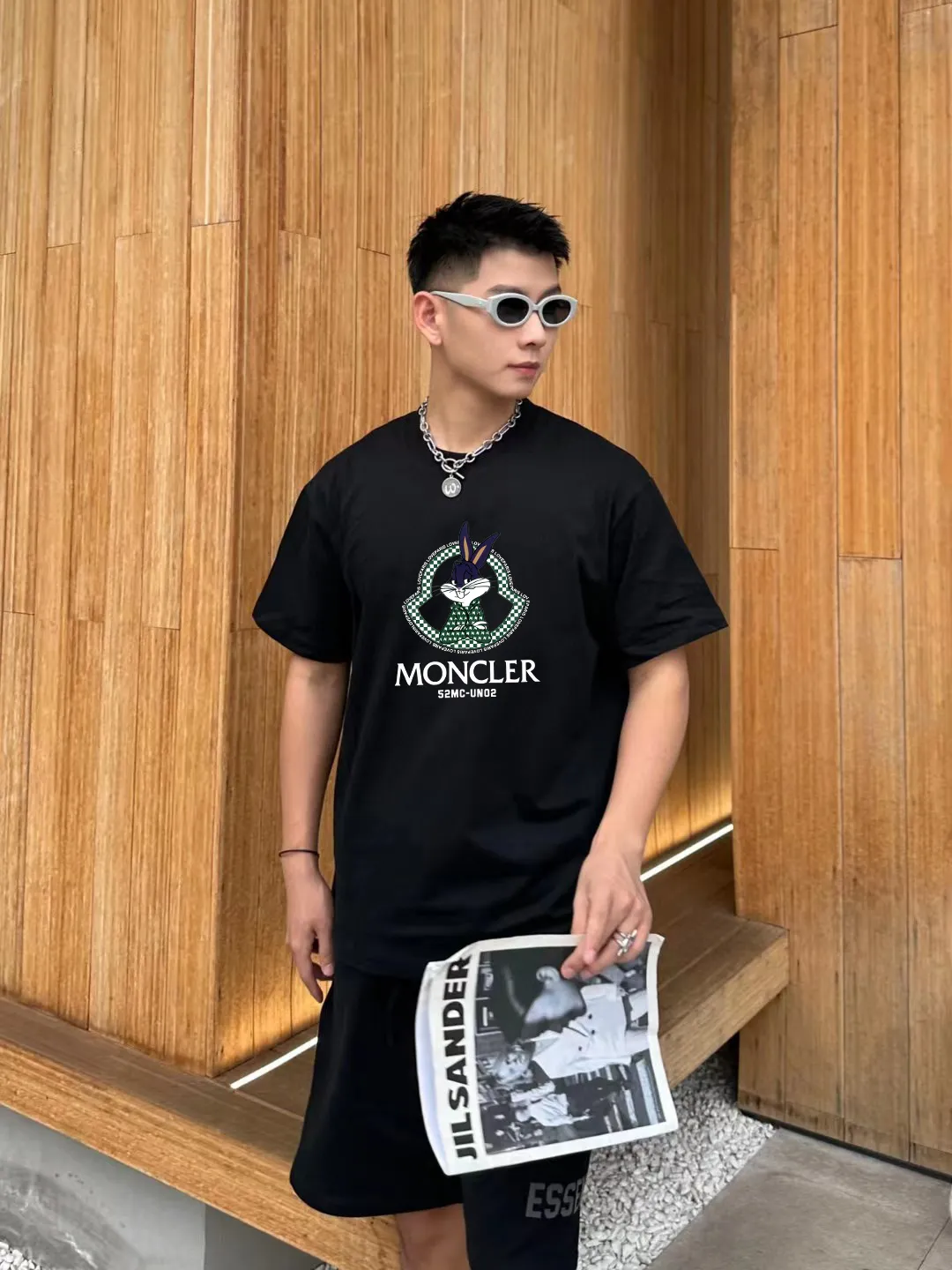 P140 🔥MONCLER] 2025FW short-sleeved T-shirt LOGO printing, high-end 26s double yarn 300g fabric, heavy fabric, custom stretcher rib, same vat and dye, complete three standards, same style for men and women, color: black, white, size: S M L XL 2XL