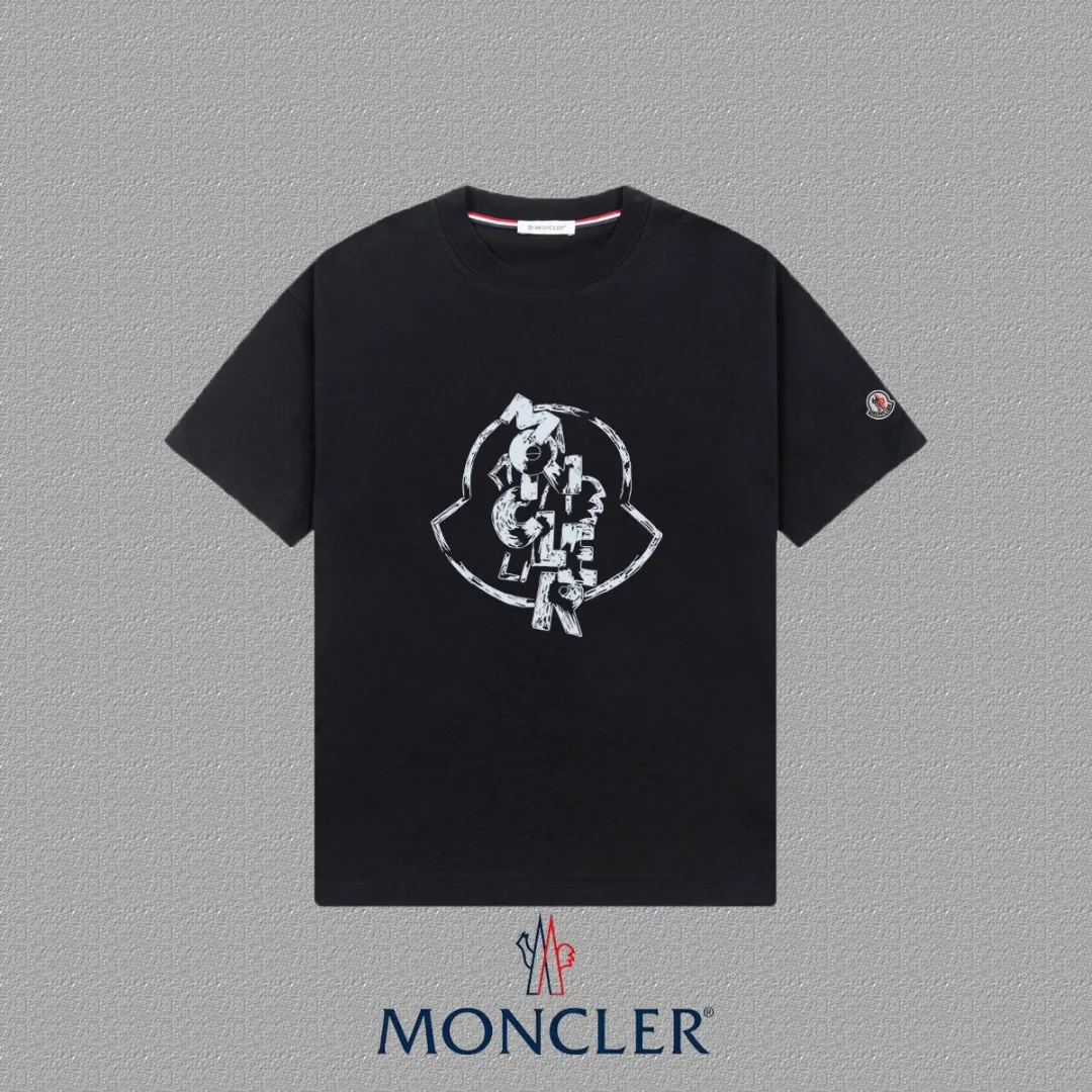 P140 🔥[MONCLER] 2025FW short-sleeved T-shirt, badge + LOGO printing, high-end 26s double yarn 300g fabric, heavy fabric, custom stretcher rib, same vat and dye, complete three standards, same style for men and women, color: black, white, size: S M L XL 2XL