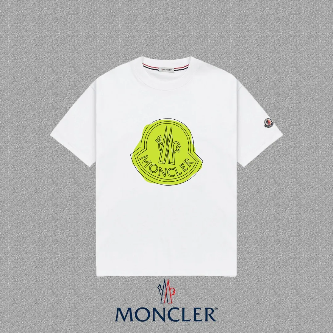 P140 🔥 [MONCLER] 2025FW short-sleeved T-shirt LOGO printing, high-end 26s double yarn 300g fabric, heavy fabric, custom stretcher rib, same vat and dye, complete three standards, same style for men and women, color: black, white, size: S M L XL 2XL