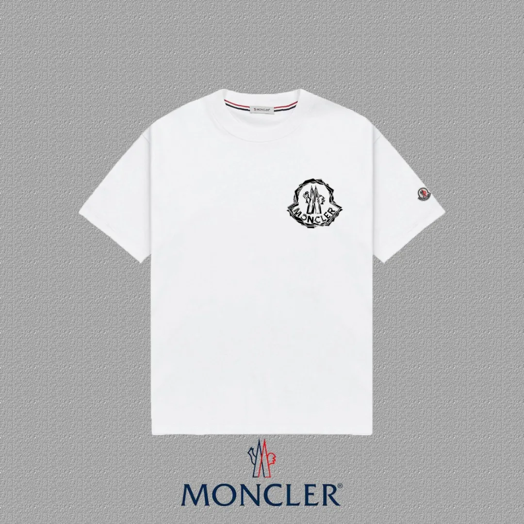 P140 [Moncler] 2025FW short-sleeved T-shirt LOGO printing, high-end 26s double yarn 300g fabric, heavy fabric, custom stretcher rib, same vat and dye, complete three standards, same style for men and women, color: black, white, size: S M L XL 2XL