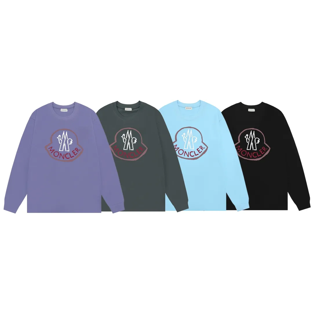 P180 Moncler 2025 new model, light luxury, classic printed letter logo, same style for men and women, long-sleeved T-shirt ·Customized 300g 100% double yarn pure cotton fabric ·Dyeing 32 counts double-strand thread ·Collar label, hangtag, main mark and three labels complete Color: Purple Size: XS S M L