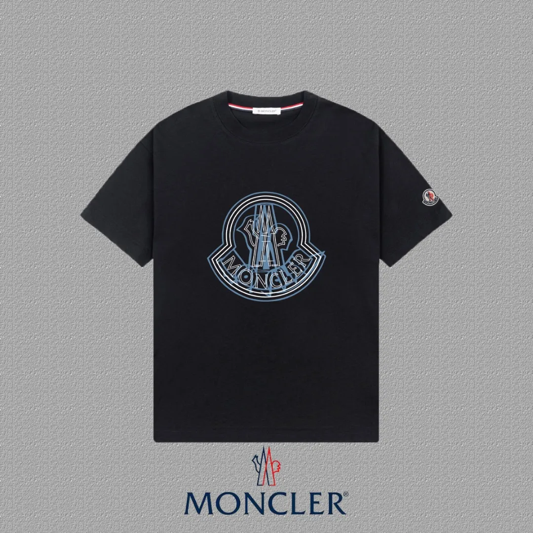 P140 🔥 [MONCLER] 2025FW short-sleeved T-shirt LOGO printing, high-end 26s double yarn 300g fabric, heavy fabric, custom stretcher rib, same vat and dye, complete three standards, same style for men and women, color: black, white, size: S M L XL 2XL