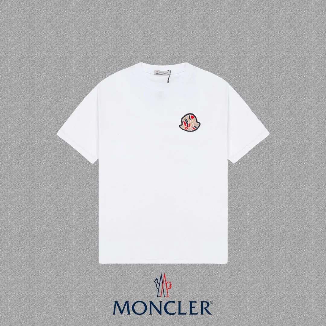 P150 [MONCLER] 2024FW short-sleeved T-shirt, embroidery technology, high-end 32s double yarn 260g fabric, heavy fabric, custom stretcher rib, same vat and dye, complete three standards, same style for men and women, color: black, white, size: S M L XL XXL