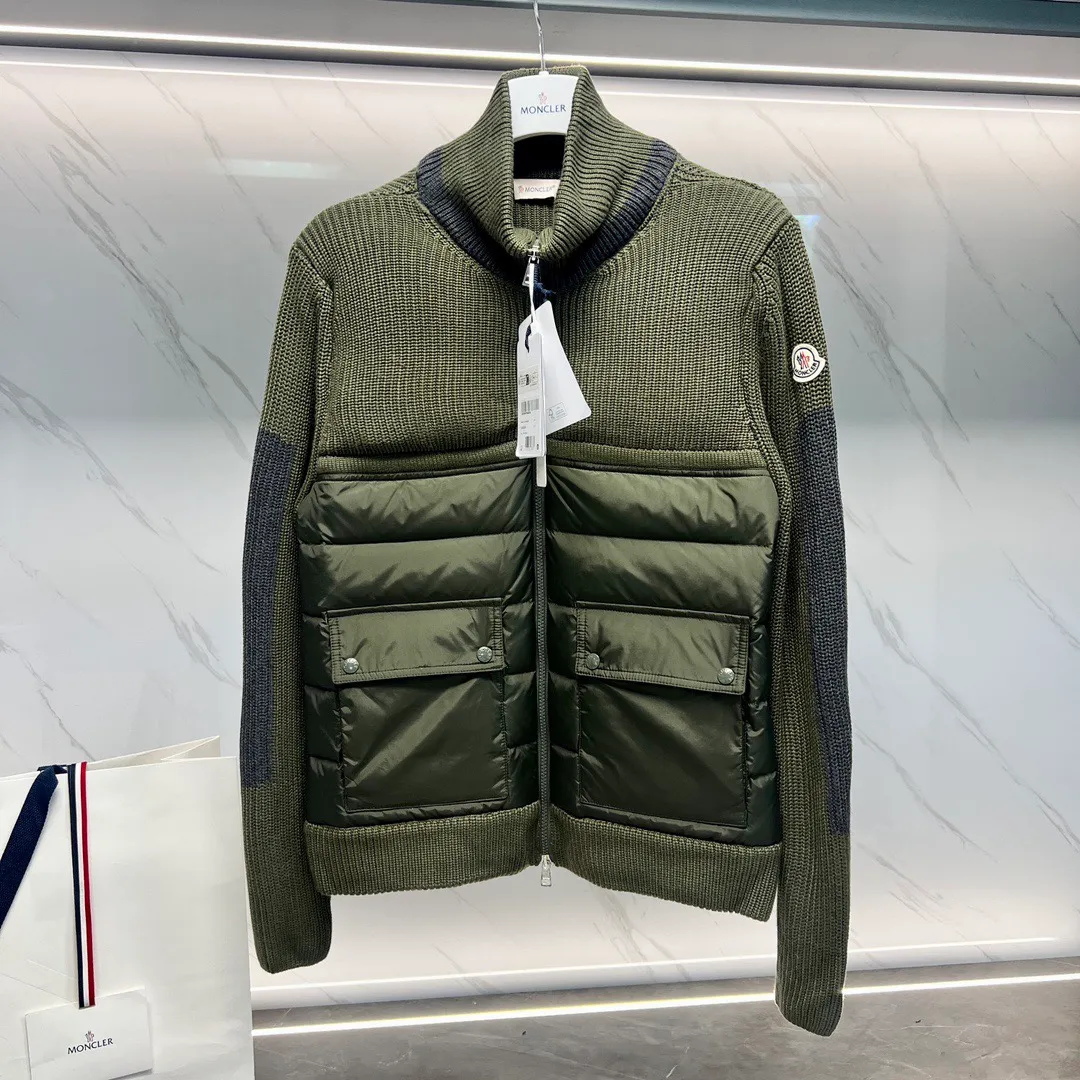 P680 Guangzhou high version Moncler Moncler knitted down solid color connecting zipper double pocket jacket thin coat black military green S M L XL