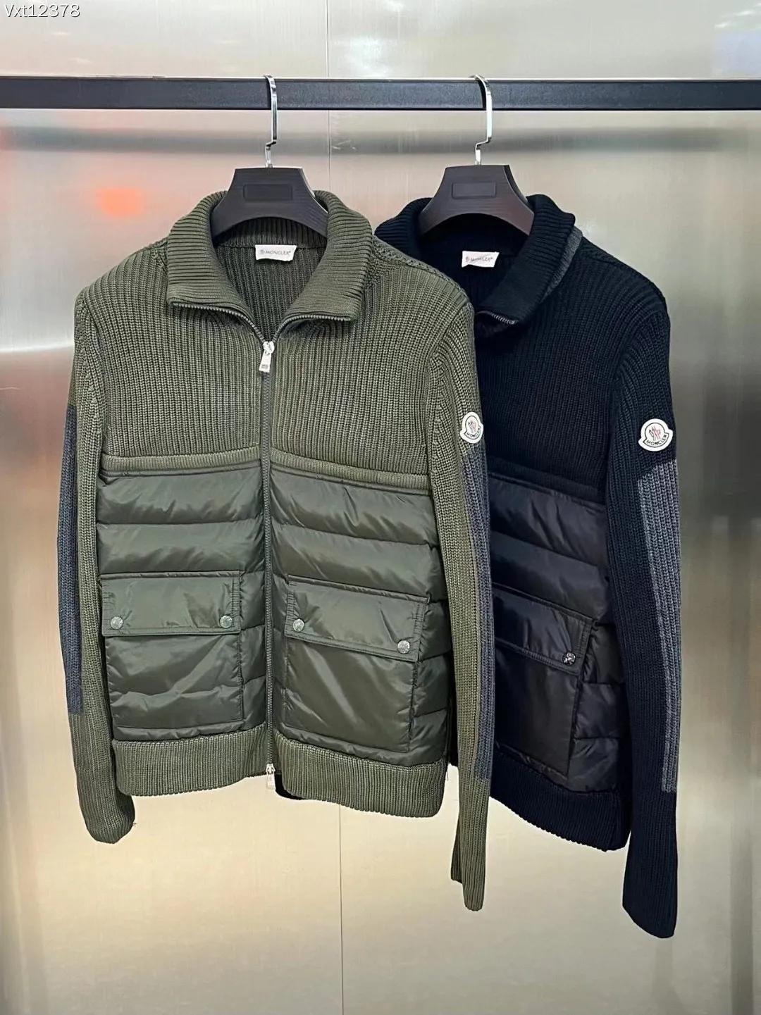 P680 Guangzhou high version Moncler Moncler knitted down solid color connecting zipper double pocket jacket thin coat black military green S M L XL