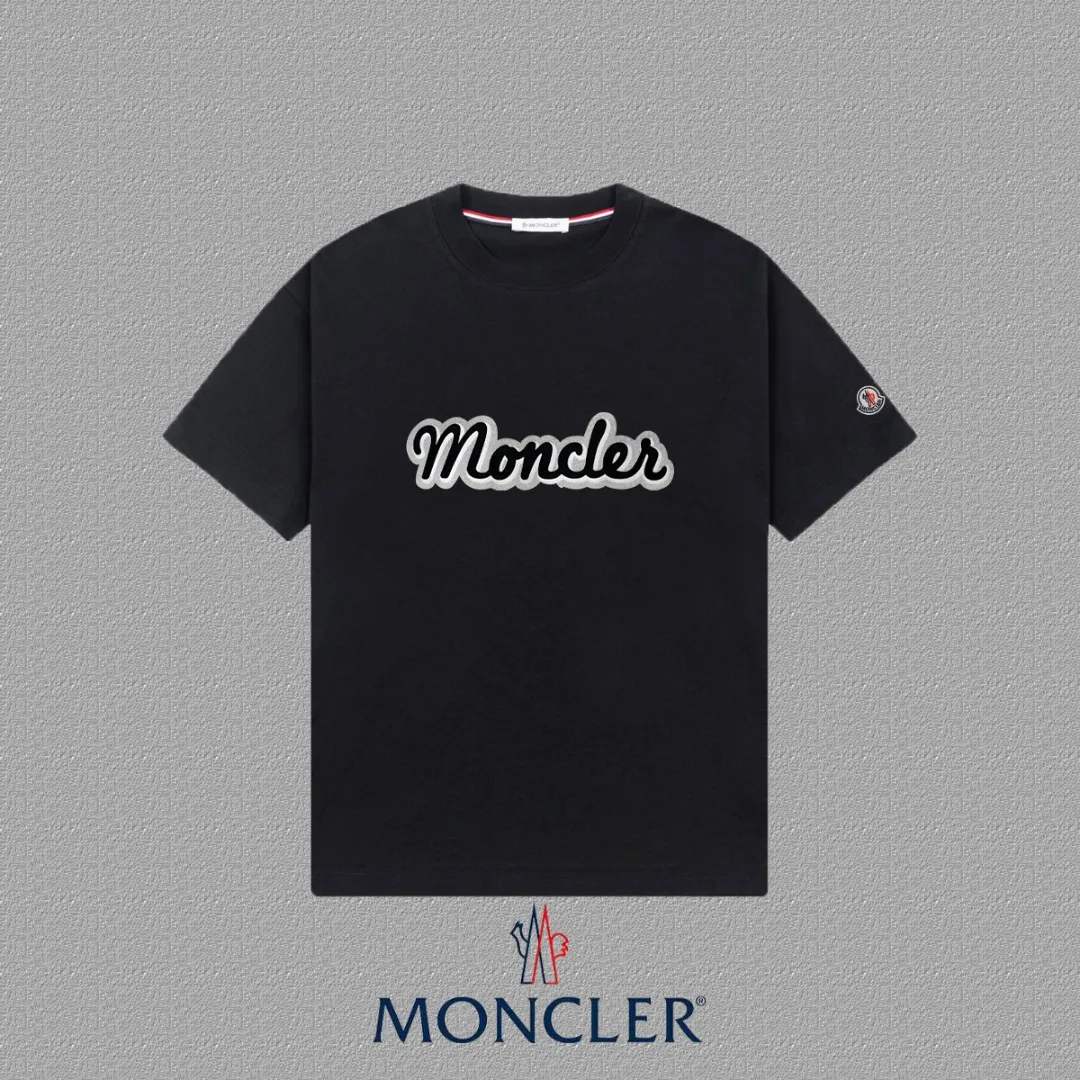 P140 🔥[MONCLER] 2025FW short-sleeved T-shirt, badge + LOGO printing, high-end 26s double yarn 300g fabric, heavy fabric, custom stretcher rib, same vat and dye, complete three standards, same style for men and women, color: black, white, size: S M L XL 2XL