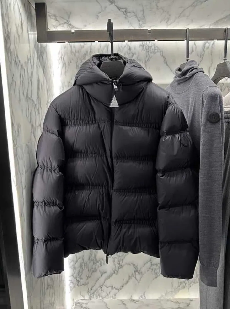 P900 Moncler Masac men's short down jacket. Real shot display at the counter.