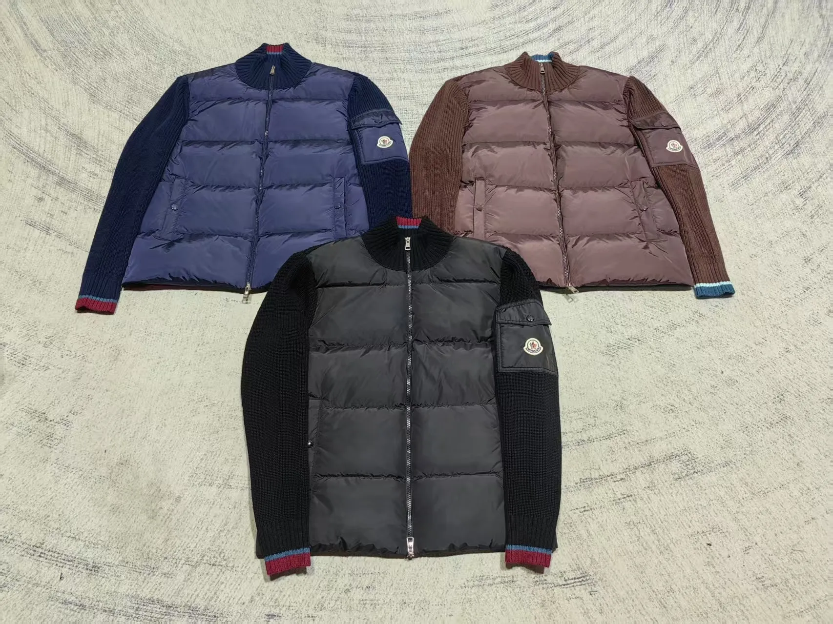 P800 Moncler Moncler three-color stand-up collar zipper splicing down knitted cardigan jacket