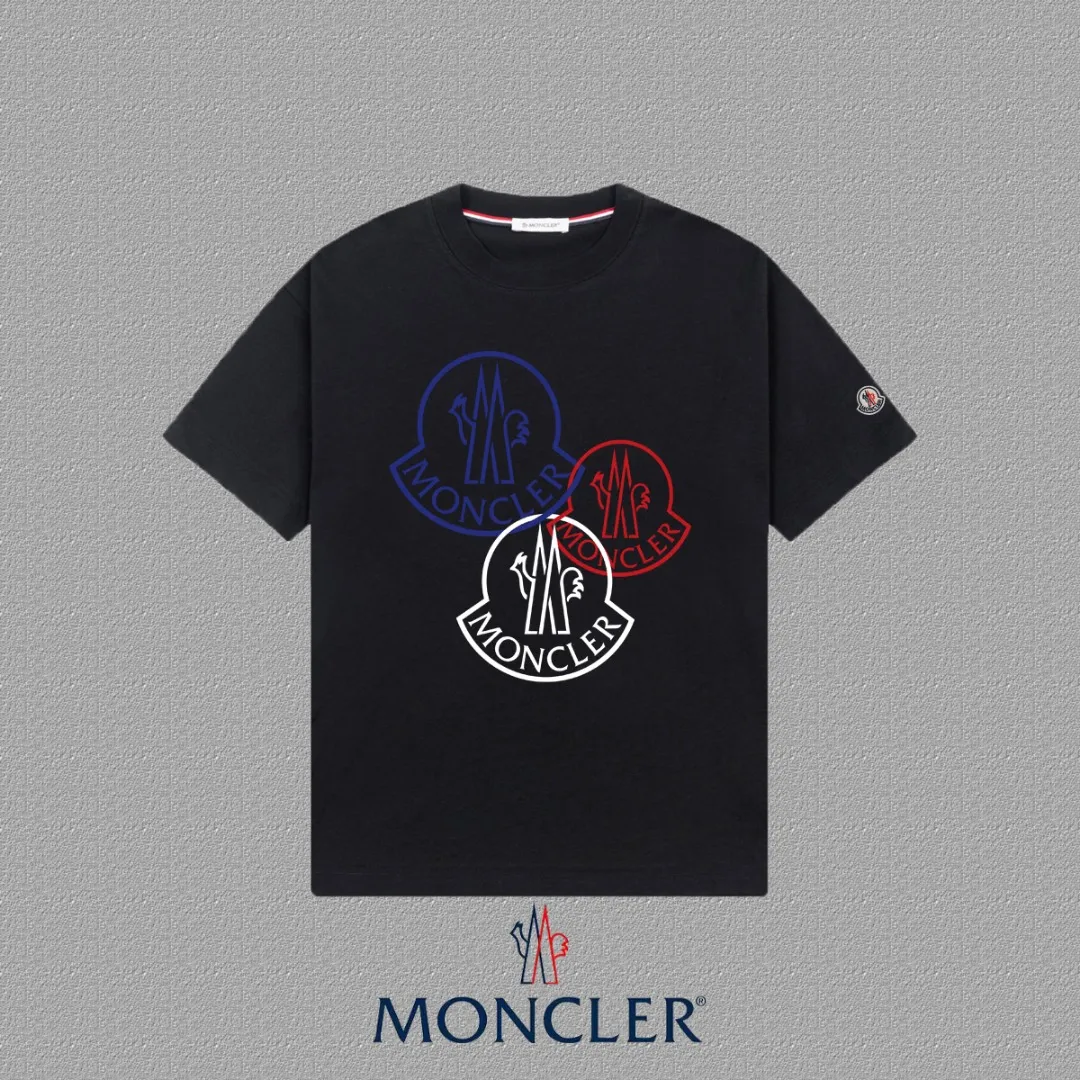 P140 [Moncler] 2025FW short-sleeved T-shirt LOGO printing, high-end 26s double yarn 300g fabric, heavy fabric, custom stretcher rib, same vat and dye, complete three standards, same style for men and women, color: black, white, size: S M L XL 2XL