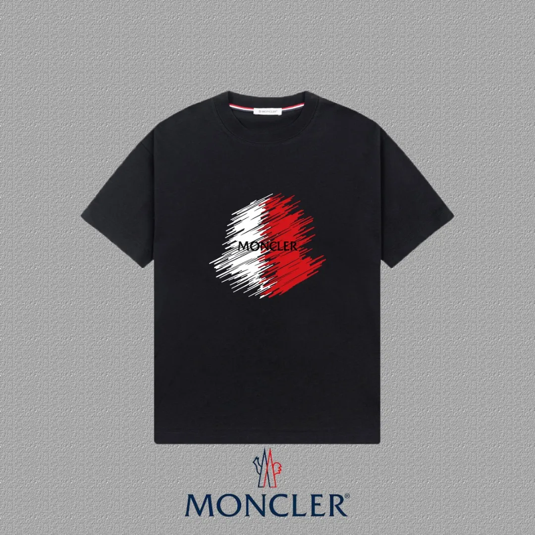 P140 🔥 [MONCLER] 2025FW short-sleeved T-shirt LOGO printing, high-end 26s double yarn 300g fabric, heavy fabric, custom stretcher rib, same vat and dye, complete three standards, same style for men and women, color: black, white, size: S M L XL 2XL