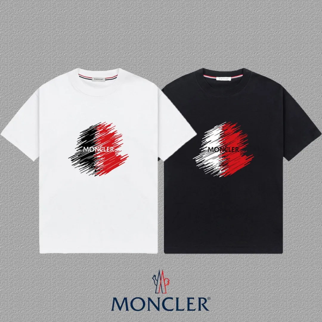 P140 🔥 [MONCLER] 2025FW short-sleeved T-shirt LOGO printing, high-end 26s double yarn 300g fabric, heavy fabric, custom stretcher rib, same vat and dye, complete three standards, same style for men and women, color: black, white, size: S M L XL 2XL