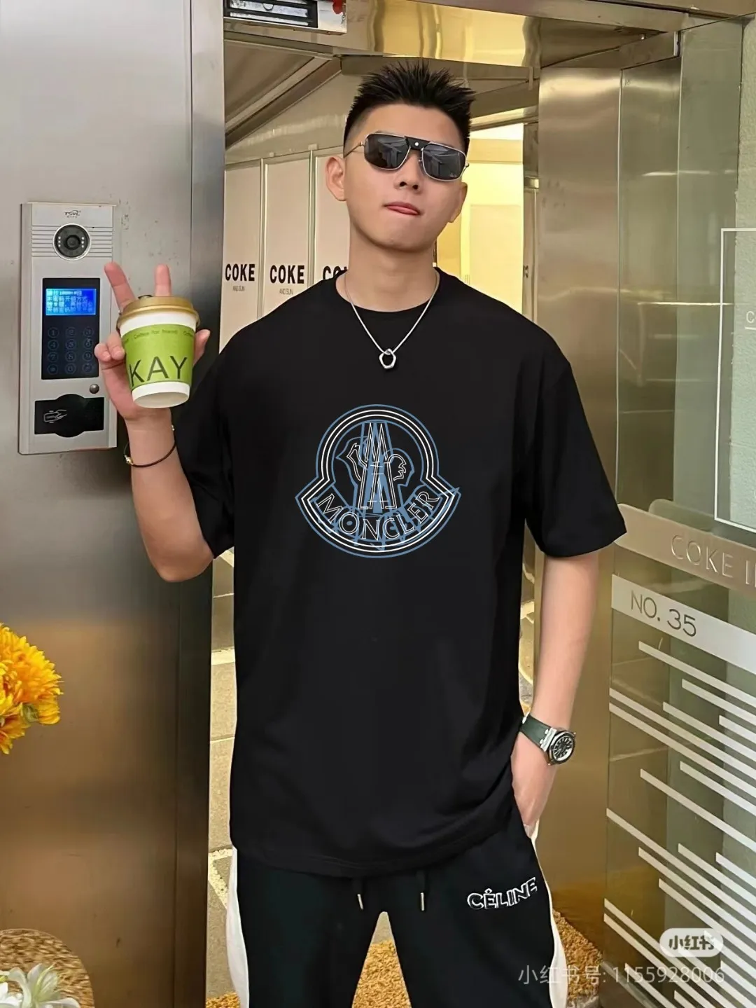 P140 [MONCLER] 2025FW short-sleeved T-shirt, LOGO printing, high-end 26s double yarn 300g fabric, heavy fabric, custom stretcher rib, same vat and dye, three standard complete, same style for men and women, color: black, white, size: S M L XL 2XL
