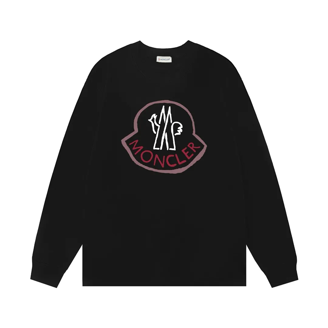P180 Moncler 2025 new model, light luxury, classic printed letter logo, same style for men and women, long-sleeved T-shirt ·Customized 300g 100% double yarn pure cotton fabric ·Dyeing 32 count double-strand thread ·Collar label, hangtag, main mark and three labels complete Color: Black Size: XS S M L