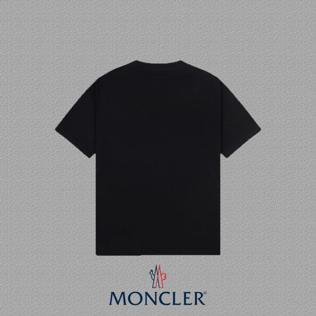 P150 [MONCLER] 2024FW short-sleeved T-shirt, embroidery technology, high-end 32s double yarn 260g fabric, heavy fabric, custom stretcher rib, same vat and dye, complete three standards, same style for men and women, color: black, white, size: S M L XL XXL