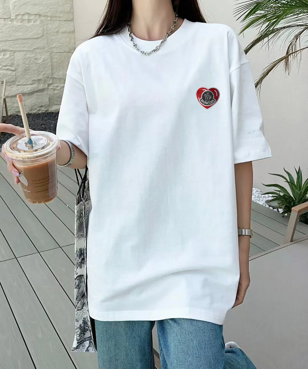P150 [MONCLER] 2024FW short-sleeved T-shirt, love embroidery technology, high-end 32s double yarn 260g fabric, heavy fabric, custom stretch rib, same vat and dye, complete three standards, same style for men and women, color: black, white, size: S M L XL XXL
