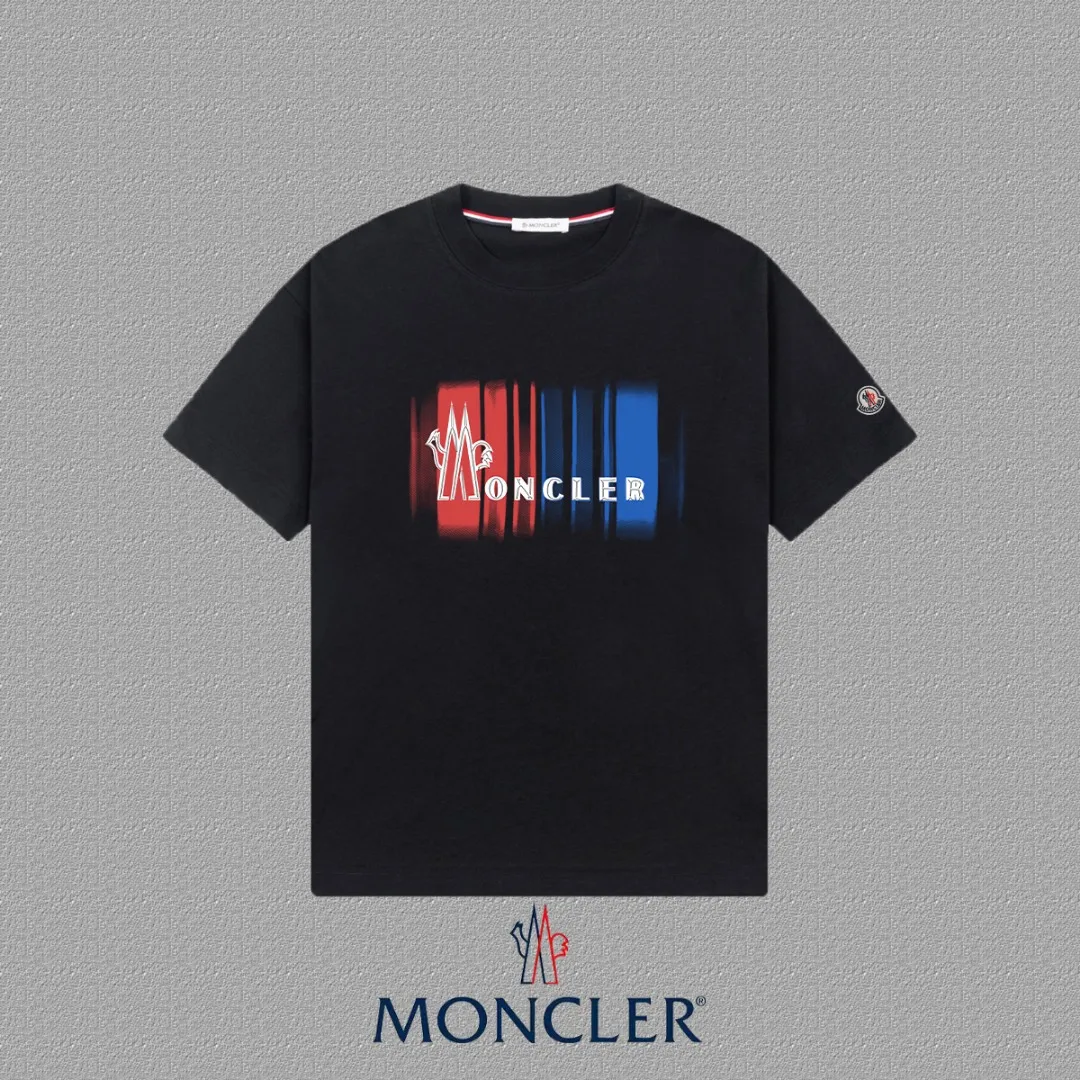 P140 [MONCLER] 2025FW short-sleeved T-shirt with badge + LOGO, high-end 26s double yarn 300g fabric, heavy fabric, custom stretcher rib, same cylinder and dye, complete three standards, same style for men and women, color: black, white, size: S M L XL 2XL