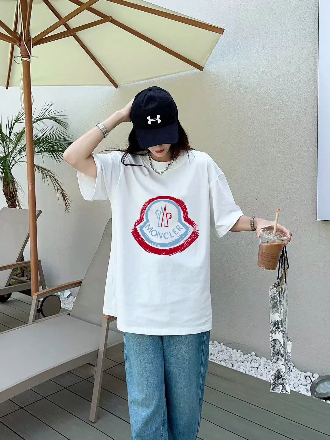 P140 🔥 [MONCLER] 2025FW short-sleeved T-shirt LOGO printing, high-end 26s double yarn 300g fabric, heavy fabric, custom stretcher rib, same vat and dye, complete three standards, same style for men and women, color: black, white, size: S M L XL 2XL