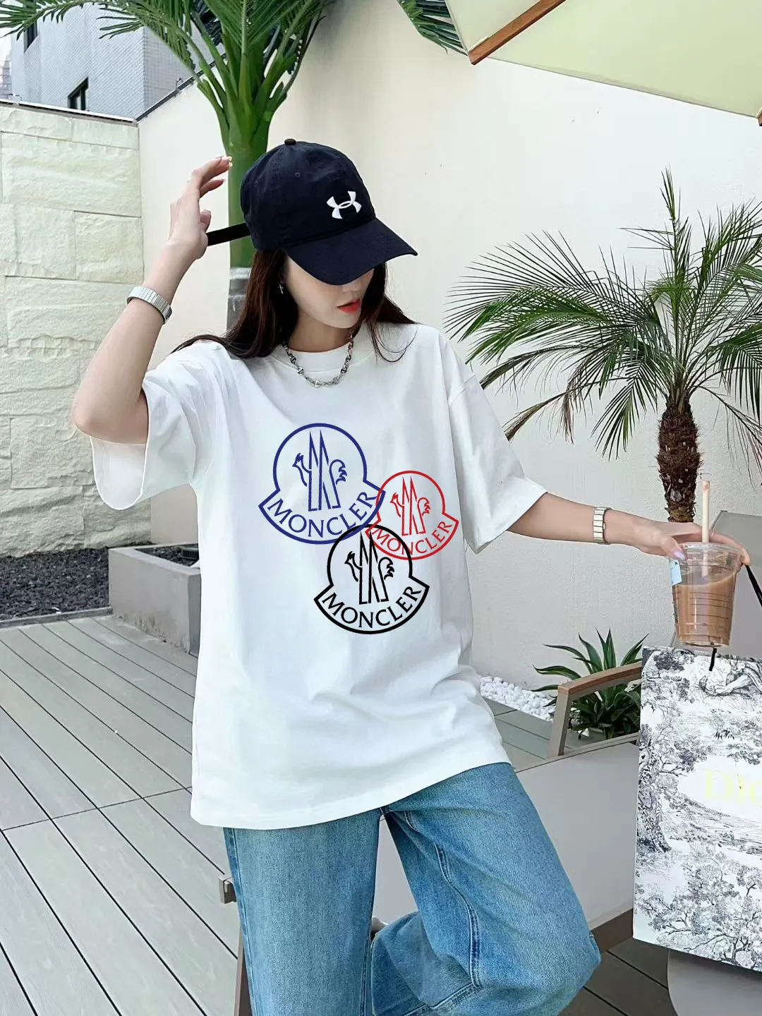 P140 [Moncler] 2025FW short-sleeved T-shirt LOGO printing, high-end 26s double yarn 300g fabric, heavy fabric, custom stretcher rib, same vat and dye, complete three standards, same style for men and women, color: black, white, size: S M L XL 2XL