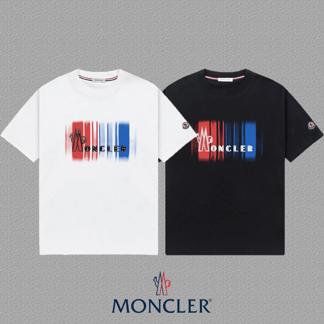 P140 🔥 [MONCLER] 2025FW short-sleeved T-shirt with badge + LOGO, high-end 26s double yarn 300g fabric, heavy fabric, custom stretcher rib, same vat and dye, complete three standards, same style for men and women, color: black, white, size: S M L XL 2XL