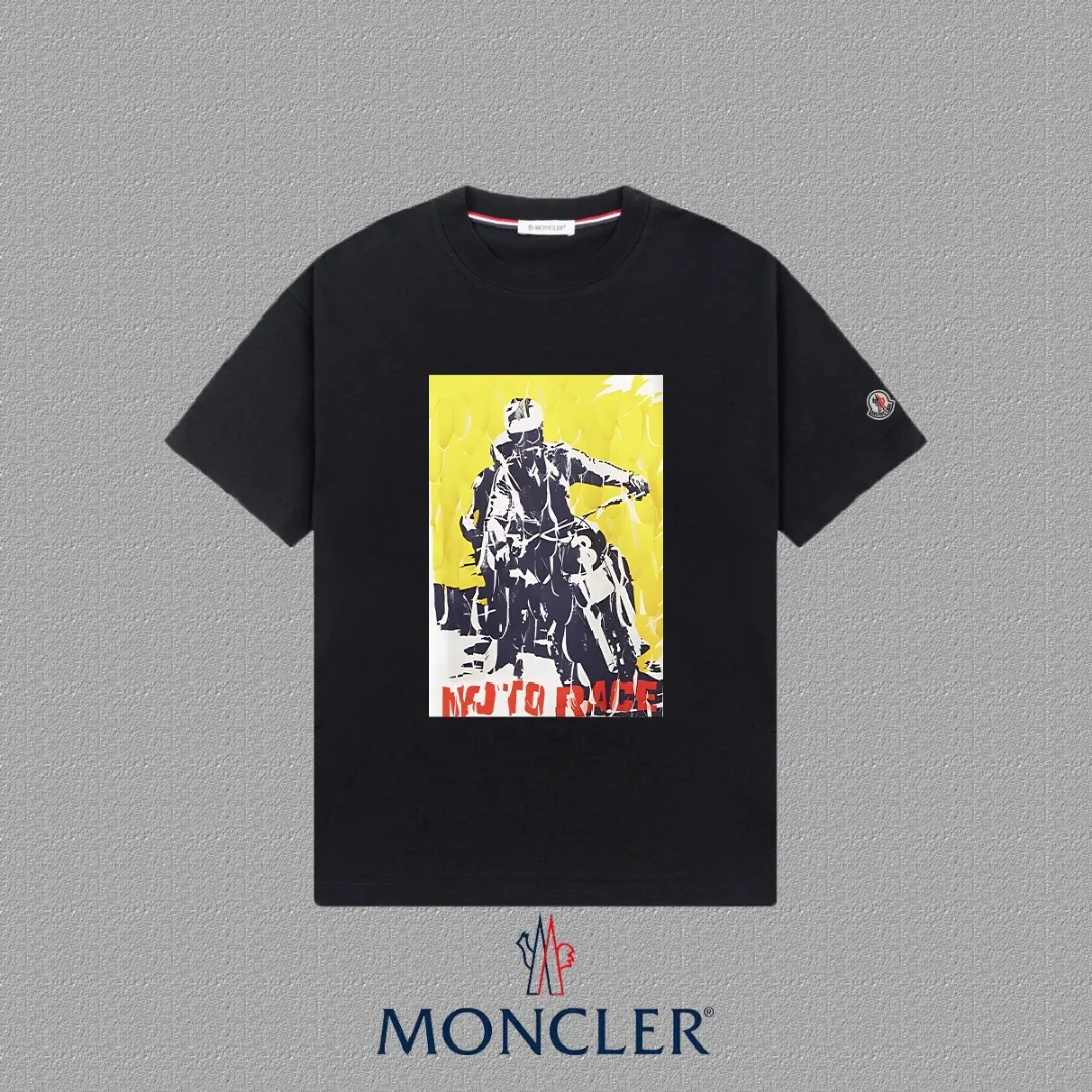 P140 [MONCLER] 2025FW short-sleeved T-shirt with badge + LOGO, high-end 26s double yarn 300g fabric, heavy fabric, custom stretcher rib, same cylinder and dye, complete three standards, same style for men and women, color: black, white, size: S M L XL 2XL