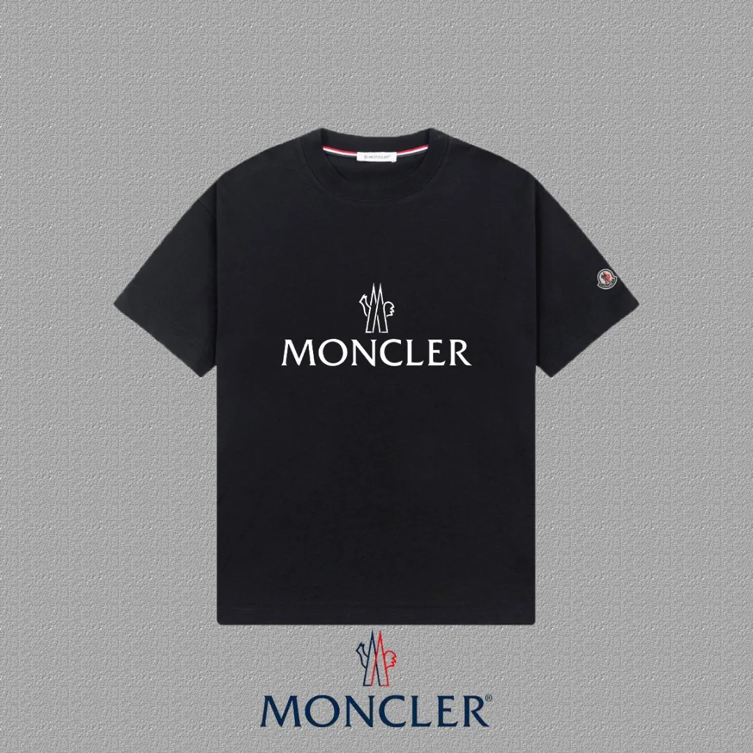 P140 [MONCLER] 2025FW short-sleeved T-shirt, badge + LOGO thick plate, high-end 26s double yarn 300g fabric, heavy fabric, custom stretcher rib, same cylinder and dye, complete three standards, same style for men and women, color: black, white, size: S M L XL 2XL