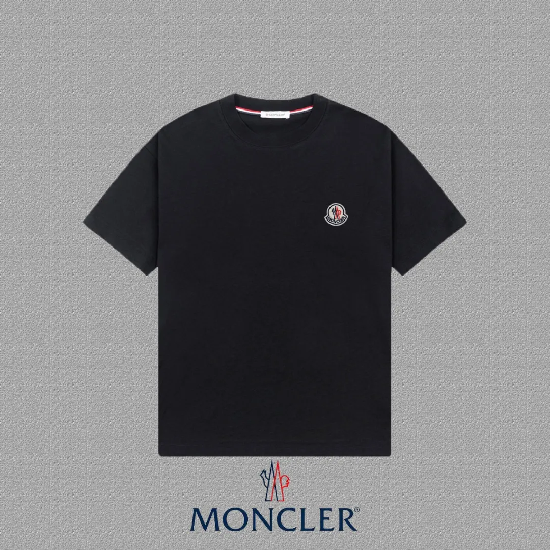P140 [MONCLER] 2025FW short-sleeved T-shirt, badge LOGO, high-end 26s double yarn 300g fabric, heavy fabric, custom stretch rib, same vat and dye, complete three standards, same style for men and women, color: black, white, size: S M L XL 2XL