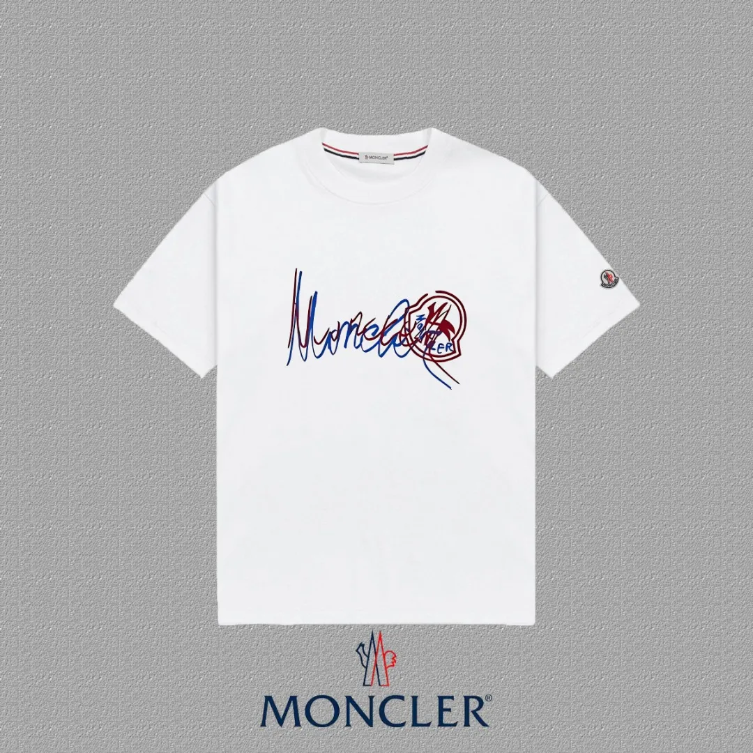 P140 [MONCLER] 2025FW short-sleeved T-shirt with badge + LOGO, high-end 26s double yarn 300g fabric, heavy fabric, custom stretcher rib, same cylinder and dye, complete three standards, same style for men and women, color: black, white, size: S M L XL 2XL