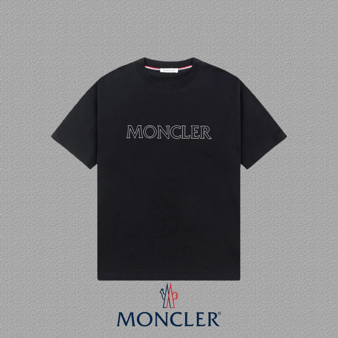 P140 🔥 [MONCLER] 2025FW short-sleeved T-shirt LOGO printing, high-end 26s double yarn 300g fabric, heavy fabric, custom stretcher rib, same vat and dye, complete three standards, same style for men and women, color: black, white, size: S M L XL 2XL