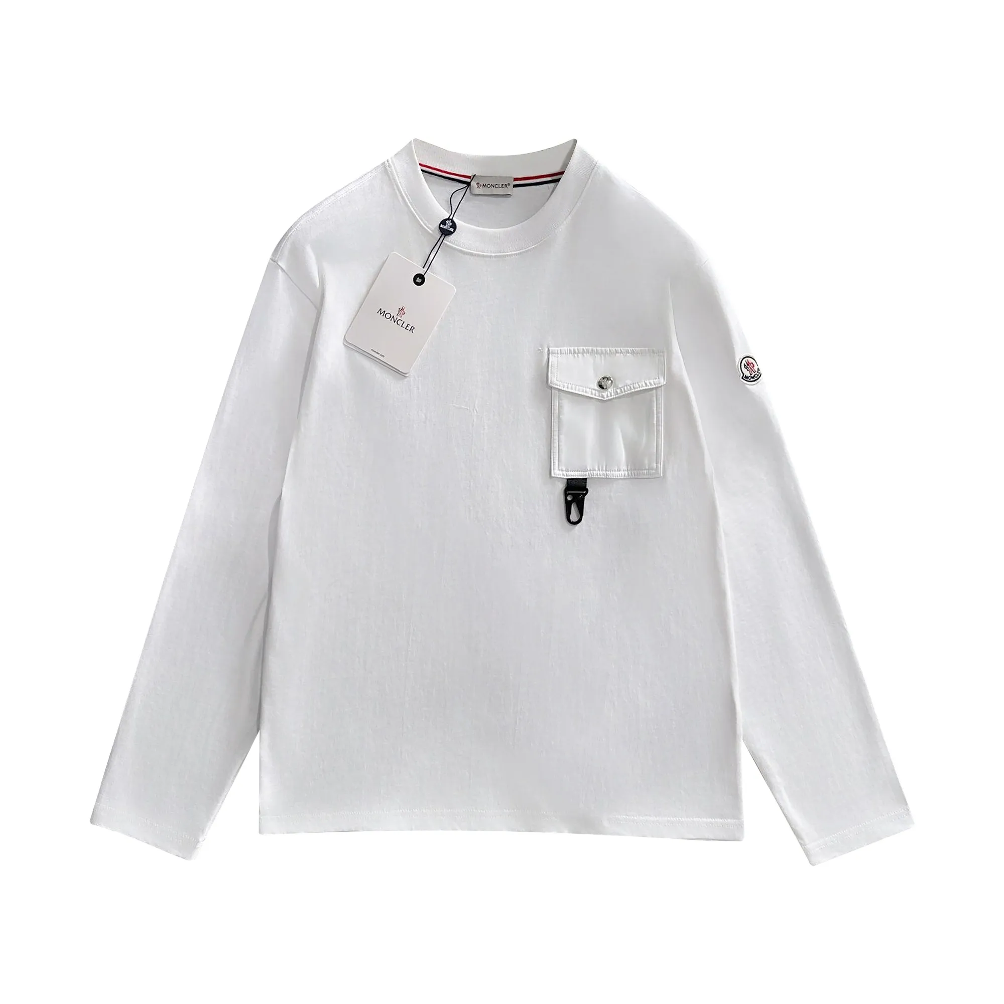 P190 Moncler 2025 new style Woven pocket splicing process Customized small logo Same style for men and women Long-sleeved T-shirt · Customized 280g pure cotton fabric · Custom dyed 32-count double-strand thread · Collar label, hangtag, main mark and three complete labels Color: White Size: XS S M L