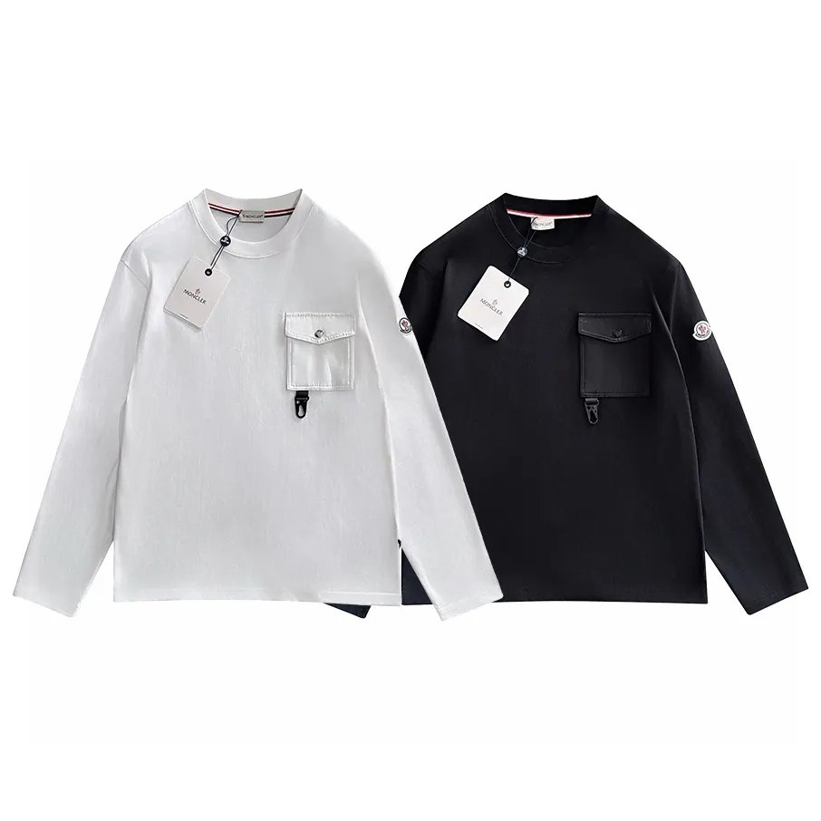 P190 Moncler 2025 new style Woven pocket splicing process Customized small logo Same style for men and women Long-sleeved T-shirt · Customized 280g pure cotton fabric · Custom dyed 32-count double-strand thread · Collar label, hangtag, main mark and three complete labels Color: White Size: XS S M L