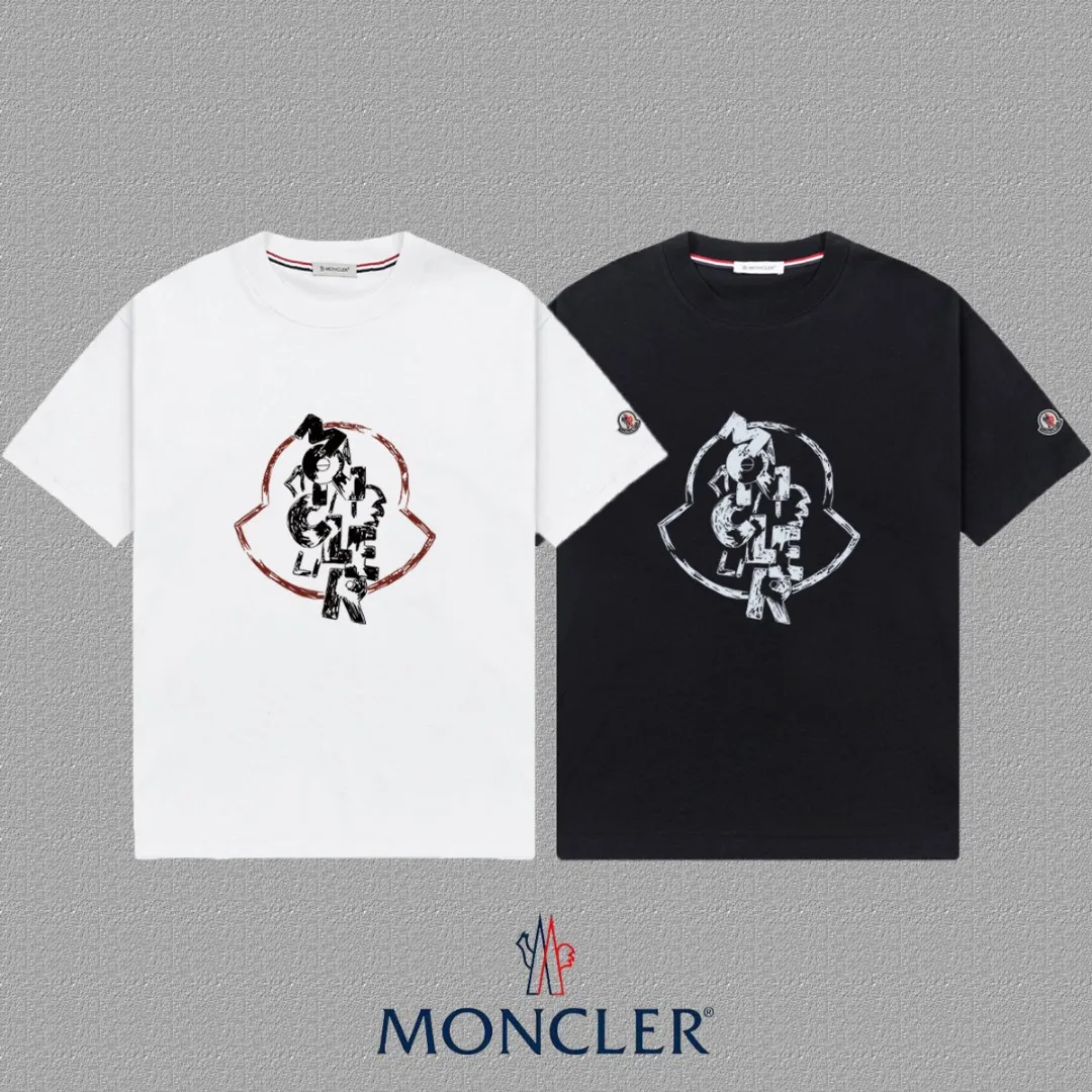 P140 [MONCLER] 2025FW short-sleeved T-shirt, badge + LOGO printing, high-end 26s double yarn 300g fabric, heavy fabric, custom stretch rib, same cylinder and dye, complete three standards, same style for men and women, color: black, white, size: S M L XL 2XL