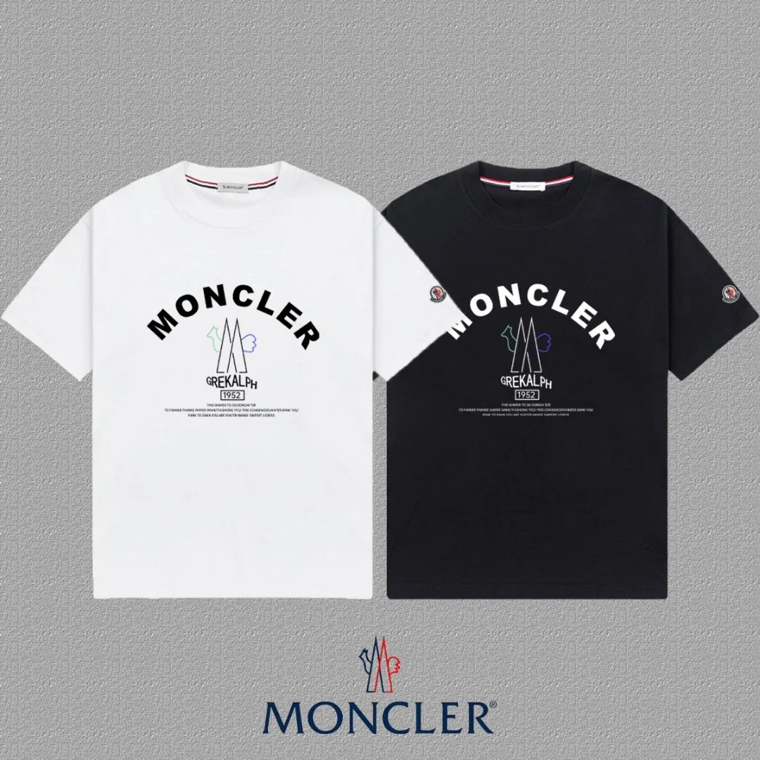 P140 🔥 [MONCLER] 2025FW short-sleeved T-shirt with badge + LOGO, high-end 26s double yarn 300g fabric, heavy fabric, custom stretcher rib, same vat and dye, complete three standards, same style for men and women, color: black, white, size: S M L XL 2XL