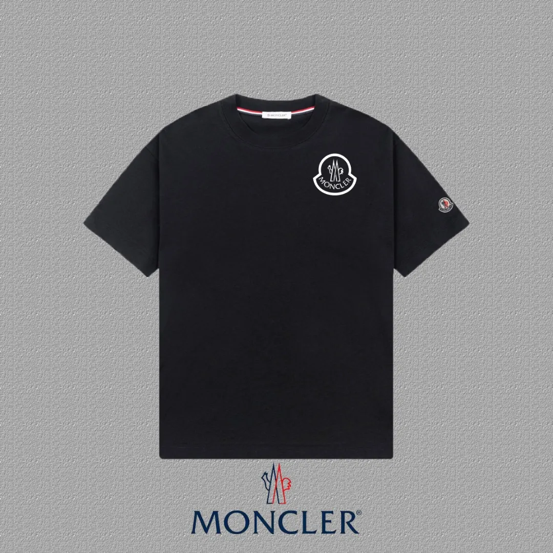 P140 🔥[MONCLER] 2025FW short-sleeved T-shirt, badge + LOGO thick plate, high-end 26s double yarn 300g fabric, heavy fabric, custom stretcher rib, same cylinder and dye, complete three standards, same style for men and women, color: black, white, size: S M L XL 2XL