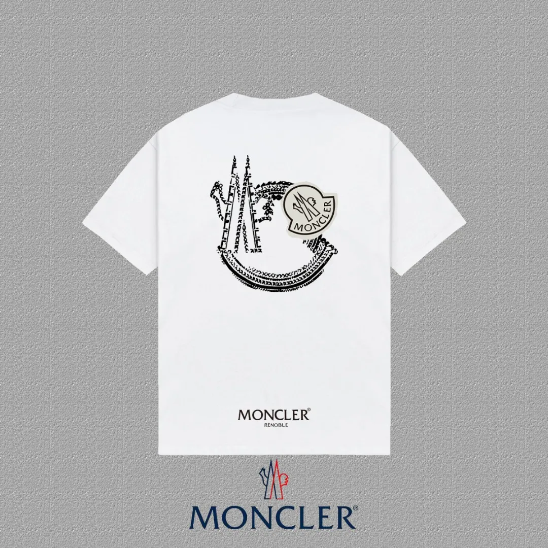 P140 [MONCLER] 2025FW short-sleeved T-shirt with badge + LOGO, high-end 26s double yarn 300g fabric, heavy fabric, custom stretcher rib, same cylinder and dye, complete three standards, same style for men and women, color: black, white, size: S M L XL 2XL