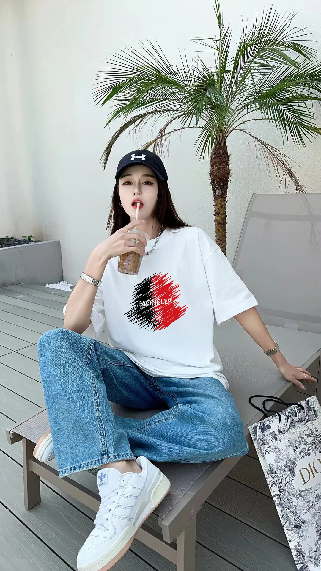 P140 [MONCLER] 2025FW short-sleeved T-shirt, LOGO printing, high-end 26s double yarn 300g fabric, heavy fabric, custom stretcher rib, same vat and dye, three standard complete, same style for men and women, color: black, white, size: S M L XL 2XL