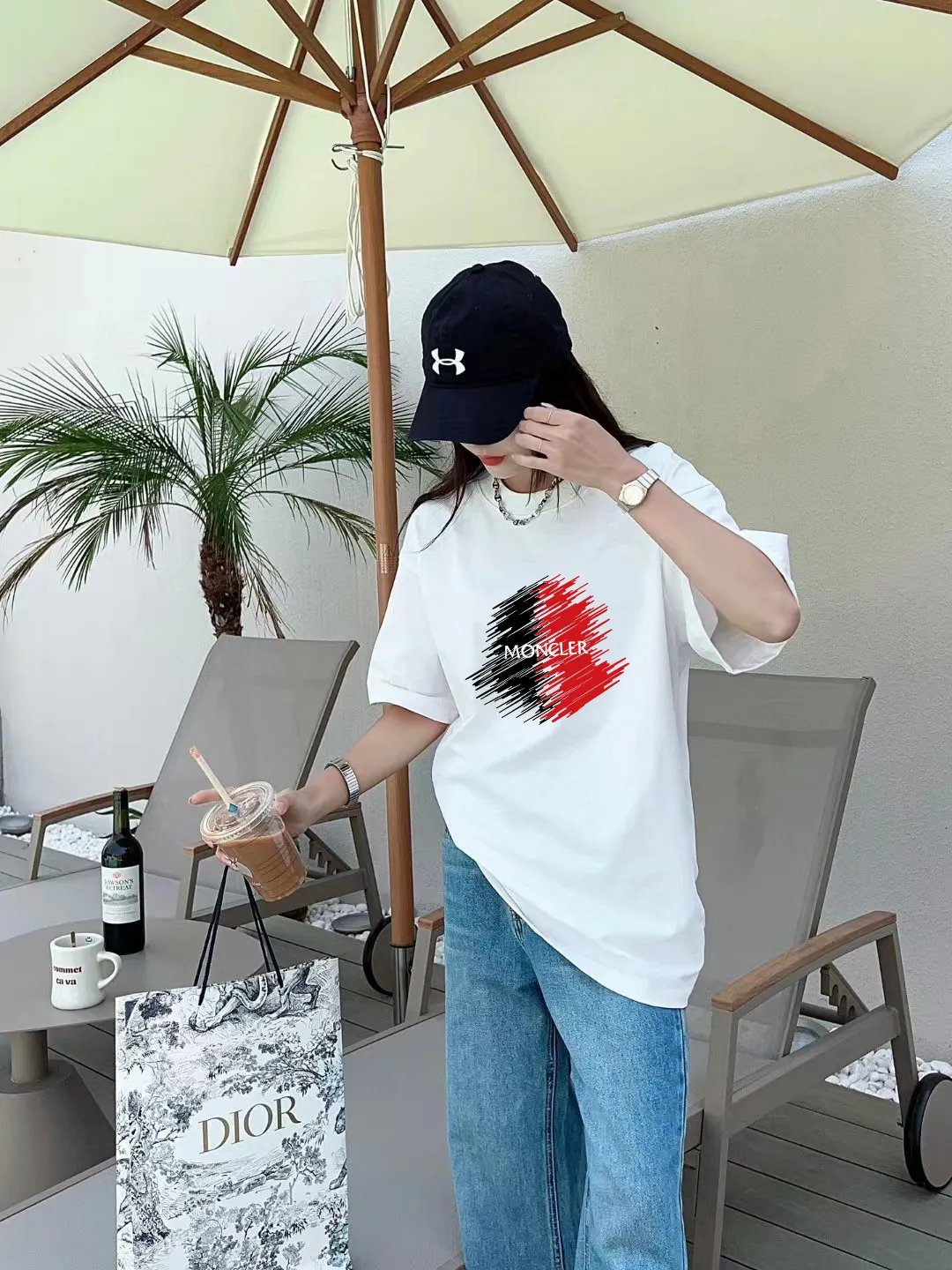 P140 [MONCLER] 2025FW short-sleeved T-shirt, LOGO printing, high-end 26s double yarn 300g fabric, heavy fabric, custom stretcher rib, same vat and dye, three standard complete, same style for men and women, color: black, white, size: S M L XL 2XL