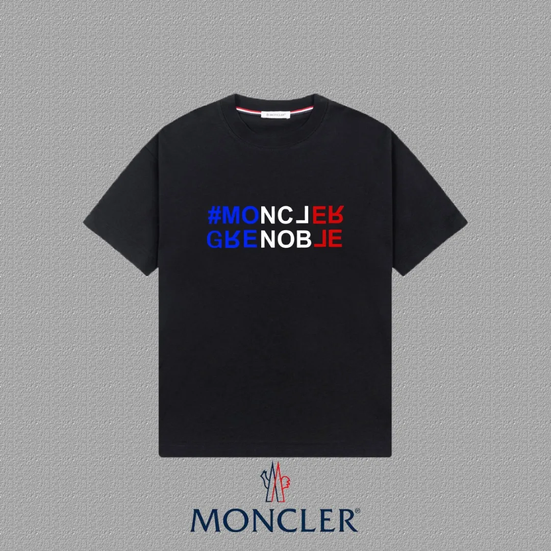 P140 🔥 [MONCLER] 2025FW short-sleeved T-shirt LOGO printing, high-end 26s double yarn 300g fabric, heavy fabric, custom stretcher rib, same vat and dye, complete three standards, same style for men and women, color: black, white, size: S M L XL 2XL