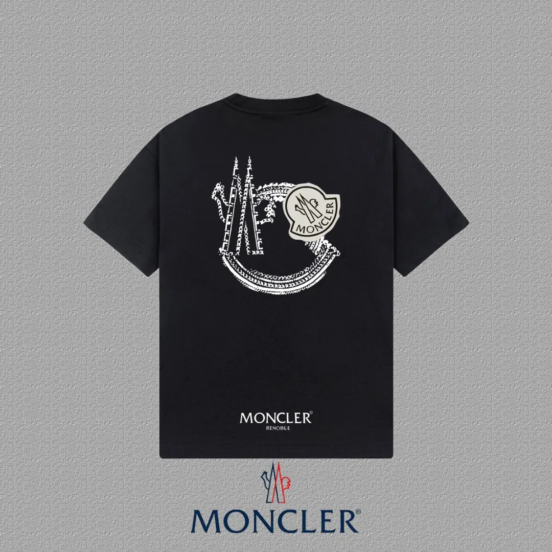 P140 [MONCLER] 2025FW short-sleeved T-shirt with badge + LOGO, high-end 26s double yarn 300g fabric, heavy fabric, custom stretcher rib, same cylinder and dye, complete three standards, same style for men and women, color: black, white, size: S M L XL 2XL