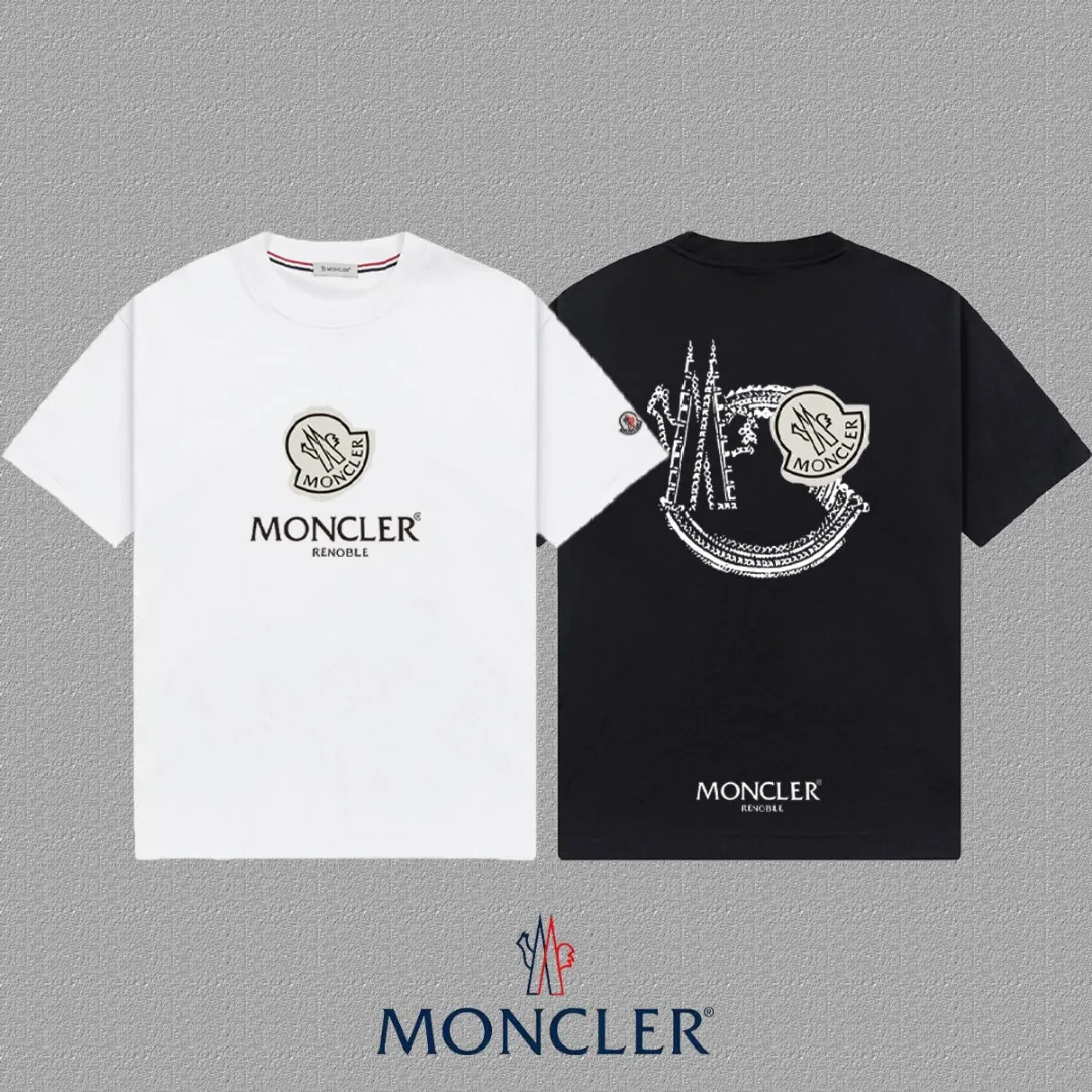 P140 [MONCLER] 2025FW short-sleeved T-shirt with badge + LOGO, high-end 26s double yarn 300g fabric, heavy fabric, custom stretcher rib, same cylinder and dye, complete three standards, same style for men and women, color: black, white, size: S M L XL 2XL