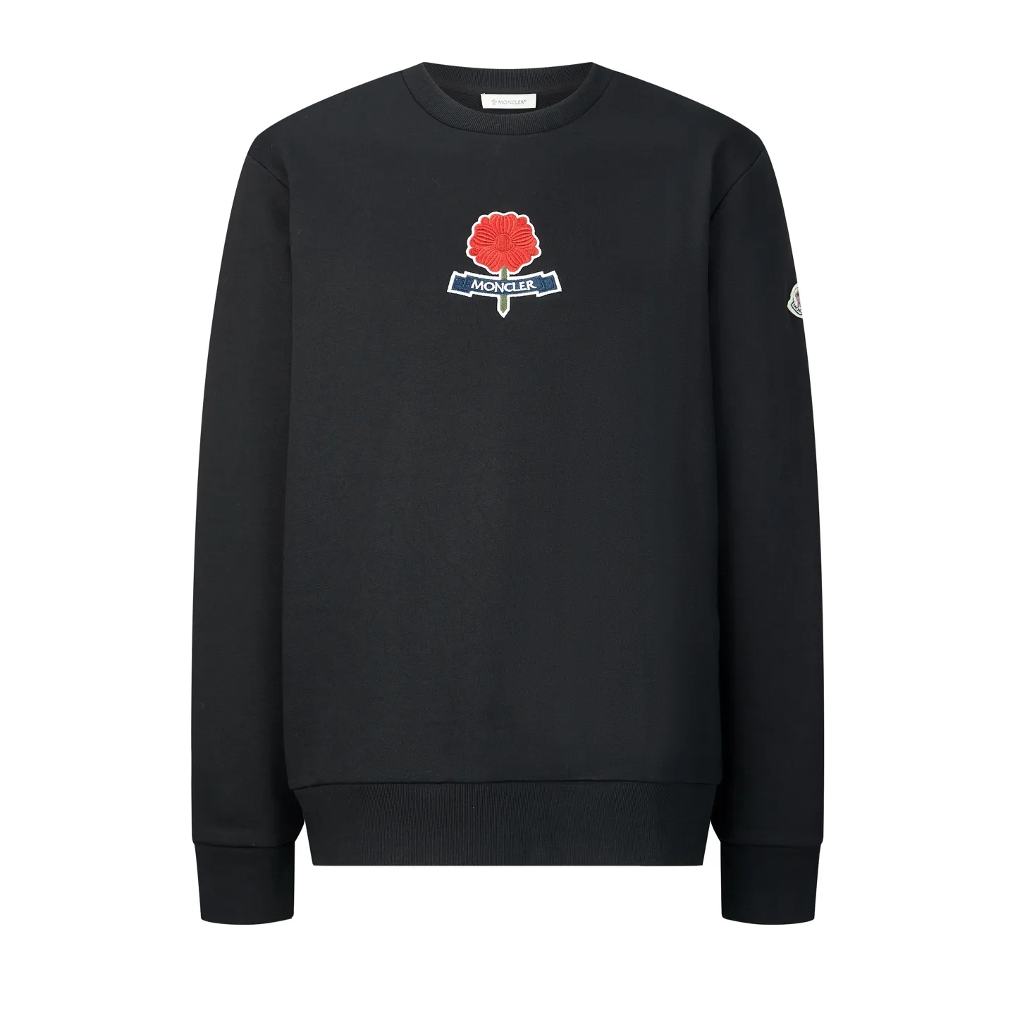 P330 MONCLER embroidered flower logo sweatshirt Fabric: Made of 380g double-strand pure cotton terry. Fabric: Thread with 1*1 double yarn thread. Matching dyeing in the same vat.  Technology: The embroidery adopts 3D three-dimensional embroidery technology, and the original computer scan and print is restored 1:1. There is a brand logo icon in the middle of the flower, as well as MONCLER embroidery.  This cotton-blend sweatshirt is inspired by Grenoble's coat of arms and features a floral logo patch. Pair with matching T-shirt and shorts for a casual ensemble. Round neck made of cotton and modal blended fleece fabric Embroidered flower logo patch Accessories: Customized 1:1 washed logo Craftsmanship: Customized 1:1 embroidered armband Craftsmanship: Customized 1:1 flower embroidery Size: S-M-L-XL Color: Black