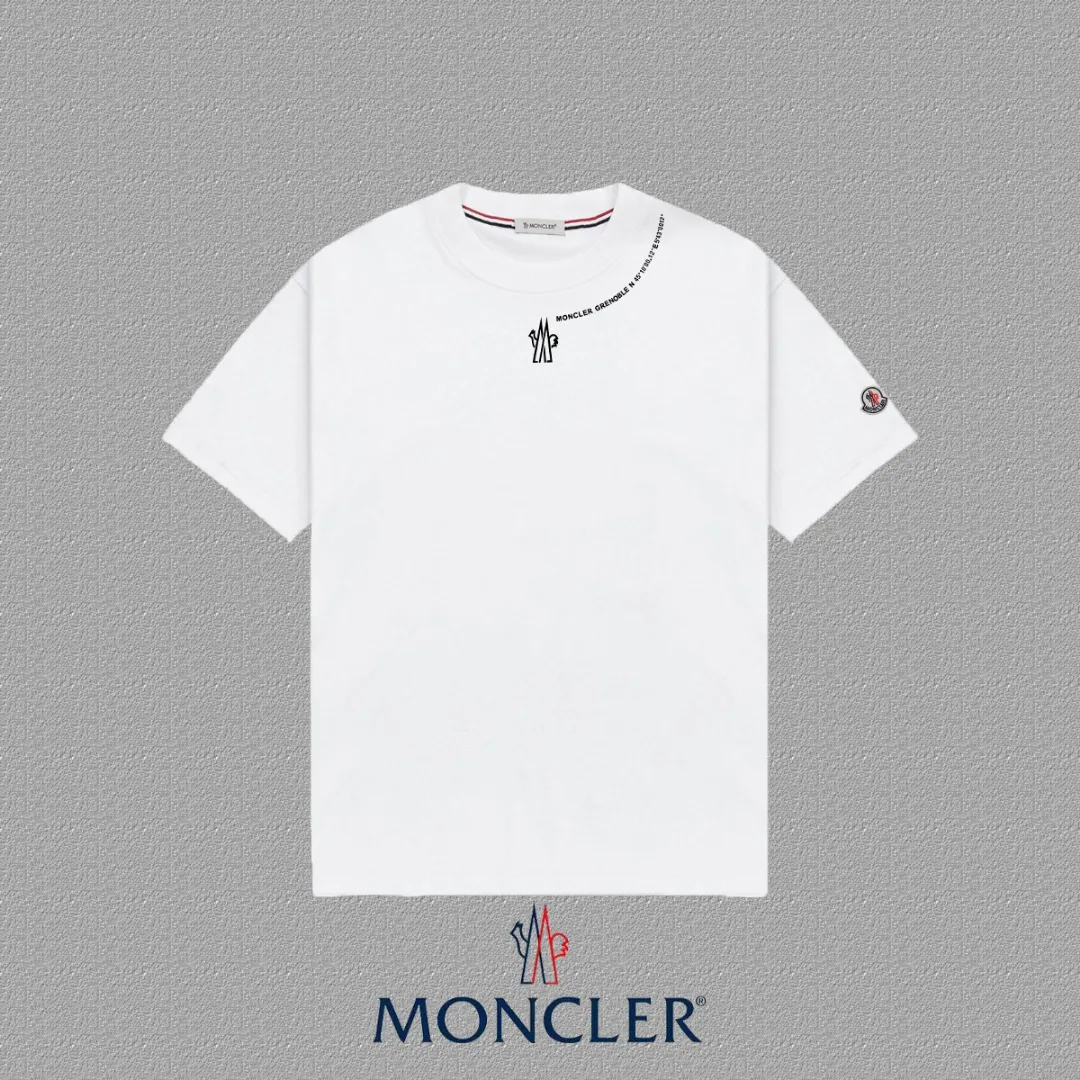 P140 🔥[MONCLER] 2025FW short-sleeved T-shirt, badge + LOGO printing, high-end 26s double yarn 300g fabric, heavy fabric, custom stretcher rib, same vat and dye, complete three standards, same style for men and women, color: black, white, size: S M L XL 2XL
