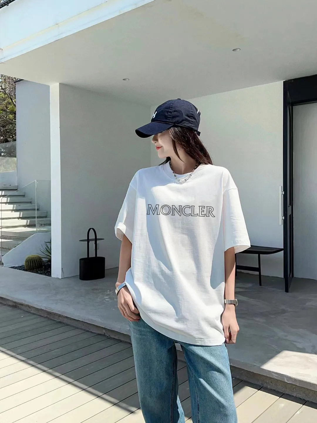 P140 🔥 [MONCLER] 2025FW short-sleeved T-shirt LOGO printing, high-end 26s double yarn 300g fabric, heavy fabric, custom stretcher rib, same vat and dye, complete three standards, same style for men and women, color: black, white, size: S M L XL 2XL