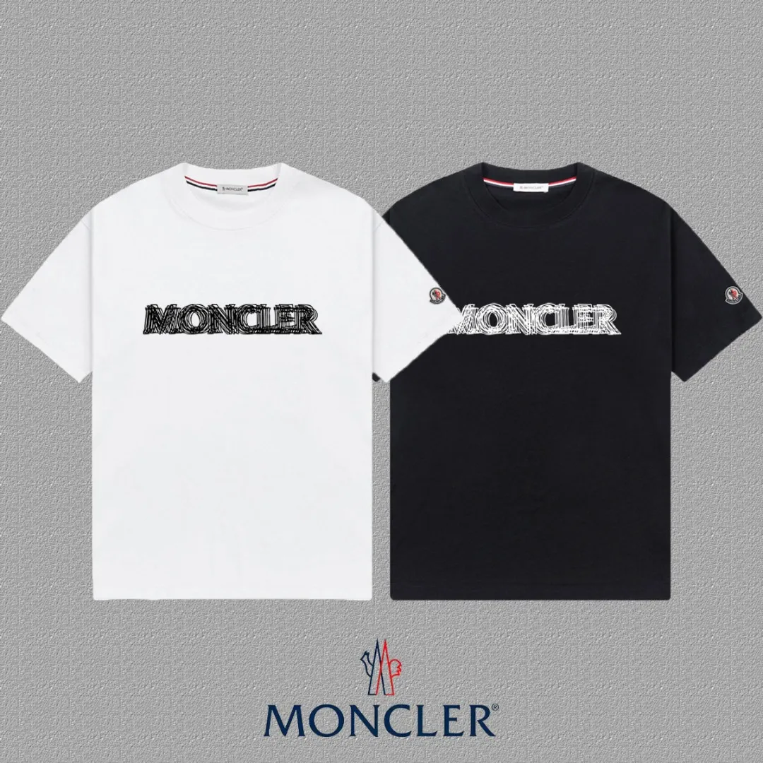 P140 🔥[MONCLER] 2025FW short-sleeved T-shirt emblem + ghost LOGO high-end 26s double yarn 300g fabric heavy fabric custom stretcher rib dyed in the same cylinder complete three standards same style for men and women Color: Black White Size: S M L XL 2XL