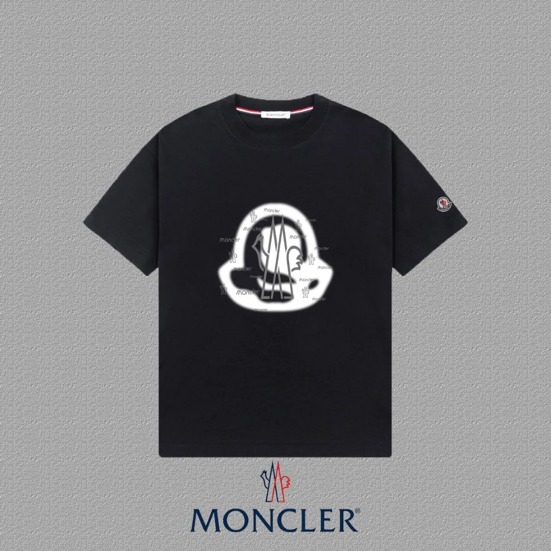 P140 🔥[MONCLER] 2025FW short-sleeved T-shirt, badge + LOGO printing, high-end 26s double yarn 300g fabric, heavy fabric, custom stretcher rib, same vat and dye, complete three standards, same style for men and women, color: black, white, size: S M L XL 2XL