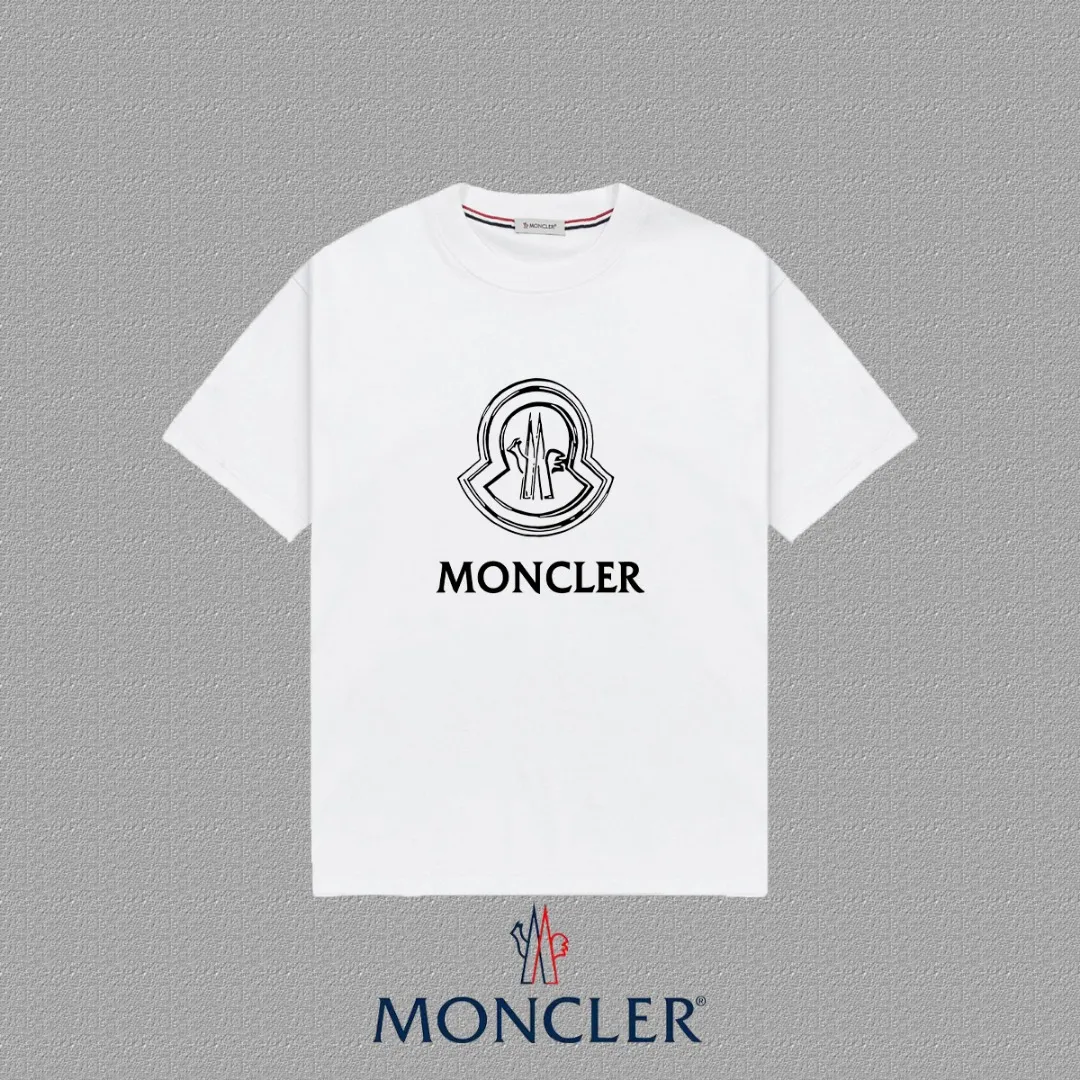 P140 [MONCLER] 2025FW short-sleeved T-shirt, LOGO printing, high-end 26s double yarn 300g fabric, heavy fabric, custom stretcher rib, same vat and dye, three standard complete, same style for men and women, color: black, white, size: S M L XL 2XL