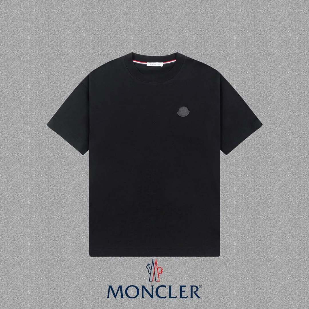 P140 [MONCLER] 2025FW short-sleeved T-shirt, badge LOGO, high-end 26s double yarn 300g fabric, heavy fabric, custom stretch rib, same vat and dye, complete three standards, same style for men and women, color: black, white, size: S M L XL 2XL