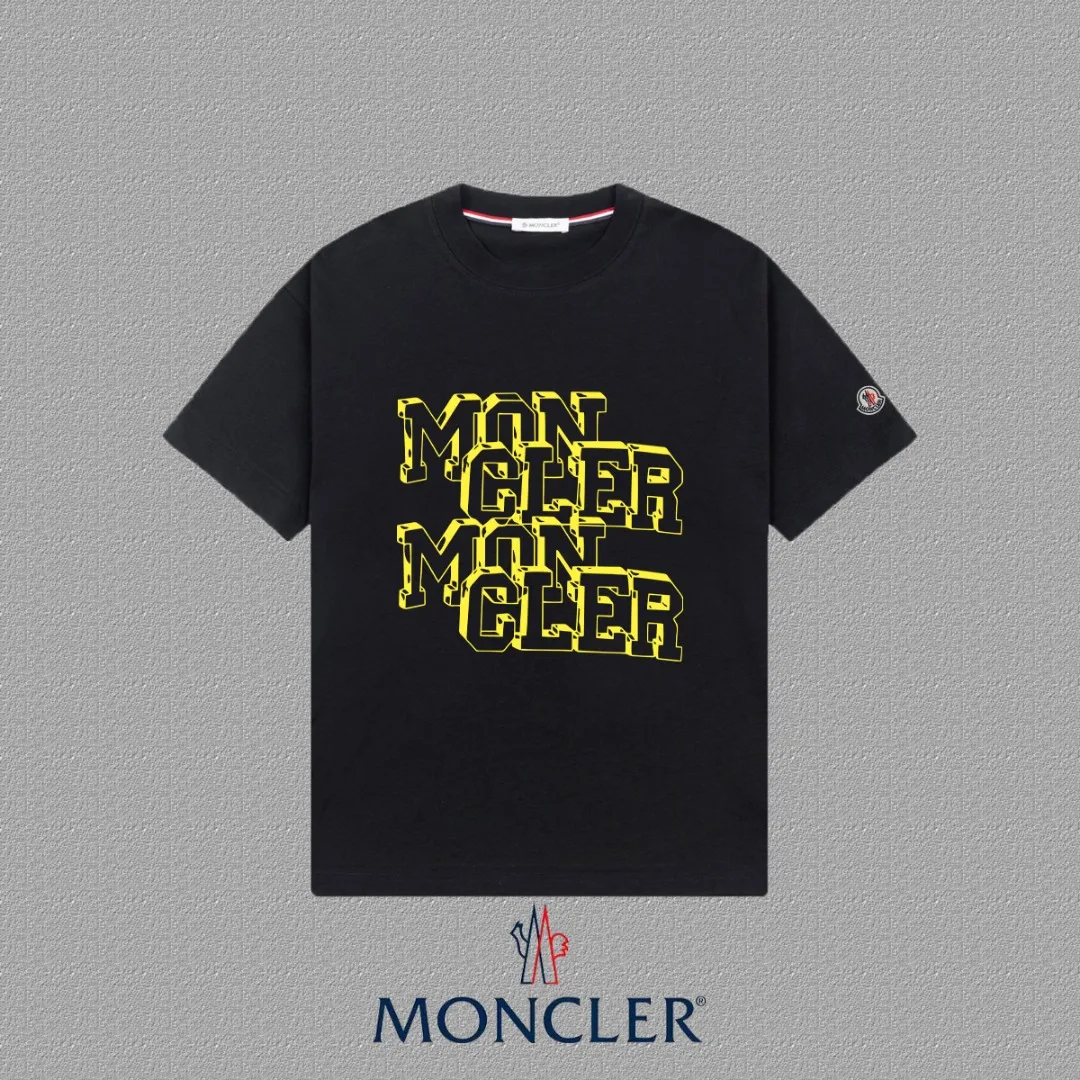 P140 [MONCLER] 2025FW short-sleeved T-shirt, badge + LOGO printing, high-end 26s double yarn 300g fabric, heavy fabric, custom stretch rib, same cylinder and dye, complete three standards, same style for men and women, color: black, white, size: S M L XL 2XL
