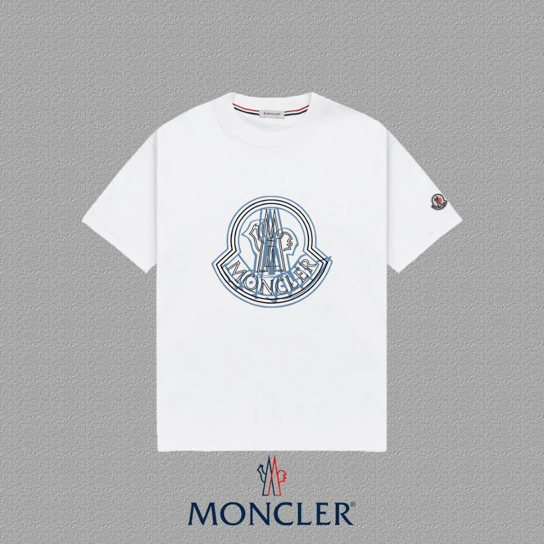 P140 [MONCLER] 2025FW short-sleeved T-shirt, LOGO printing, high-end 26s double yarn 300g fabric, heavy fabric, custom stretcher rib, same vat and dye, three standard complete, same style for men and women, color: black, white, size: S M L XL 2XL