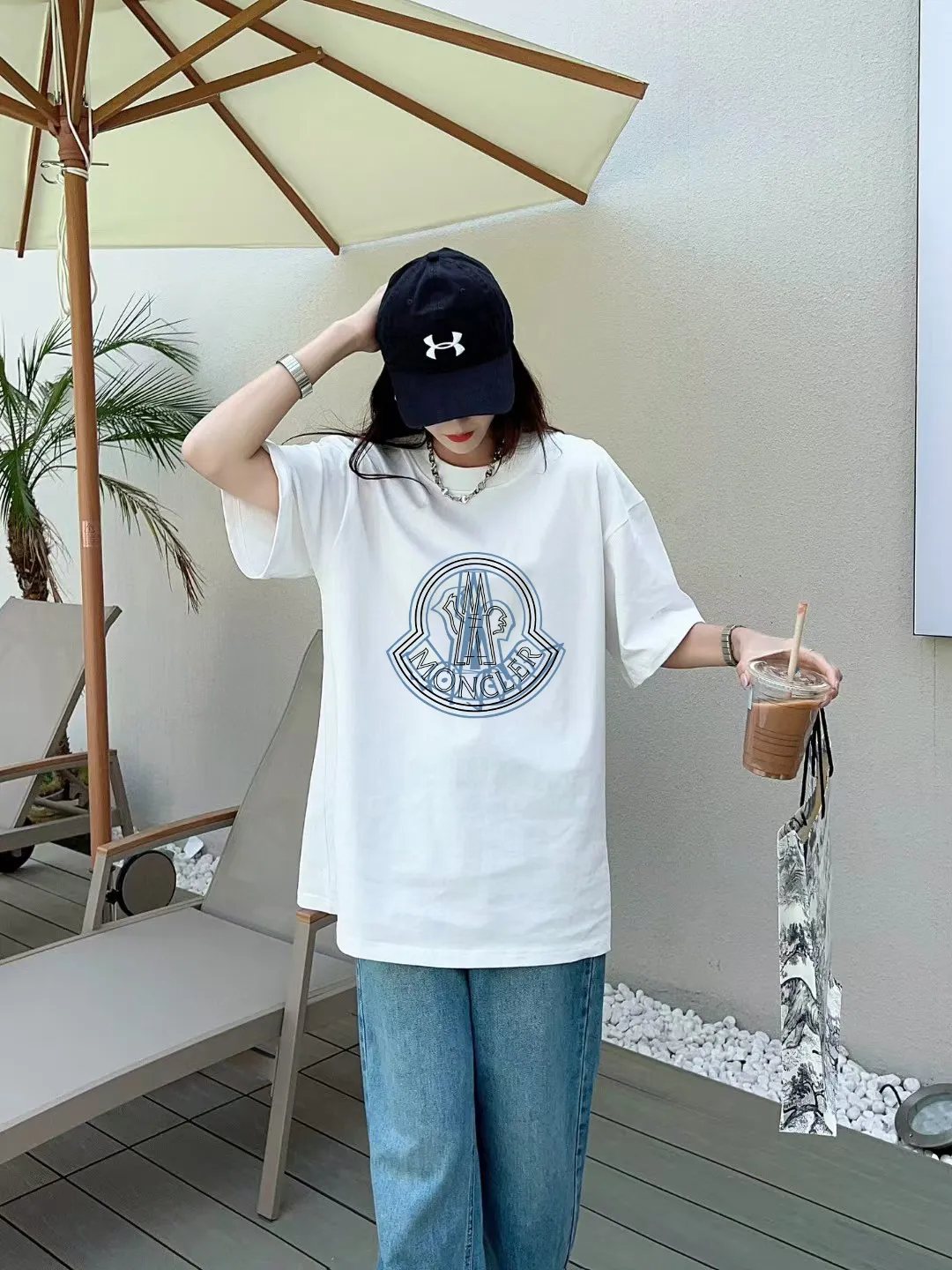 P140 [MONCLER] 2025FW short-sleeved T-shirt, LOGO printing, high-end 26s double yarn 300g fabric, heavy fabric, custom stretcher rib, same vat and dye, three standard complete, same style for men and women, color: black, white, size: S M L XL 2XL
